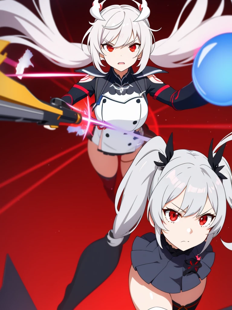 1girl, anime girl, silver hair, long twintails, red eyes, rage face, honkai