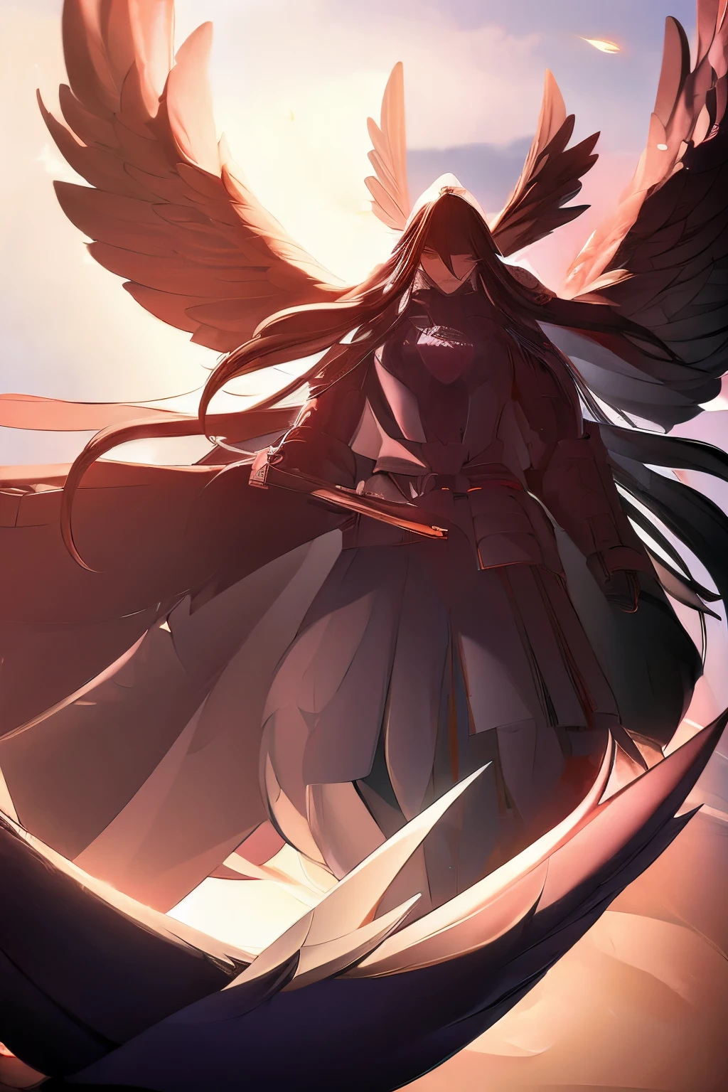 1 pretty girl, long black hair, hair over eyes, demon samurai armor, red eyes, angel wings, white and black wings, long wings, holding a katana, masterpiece, high quality, best quality 