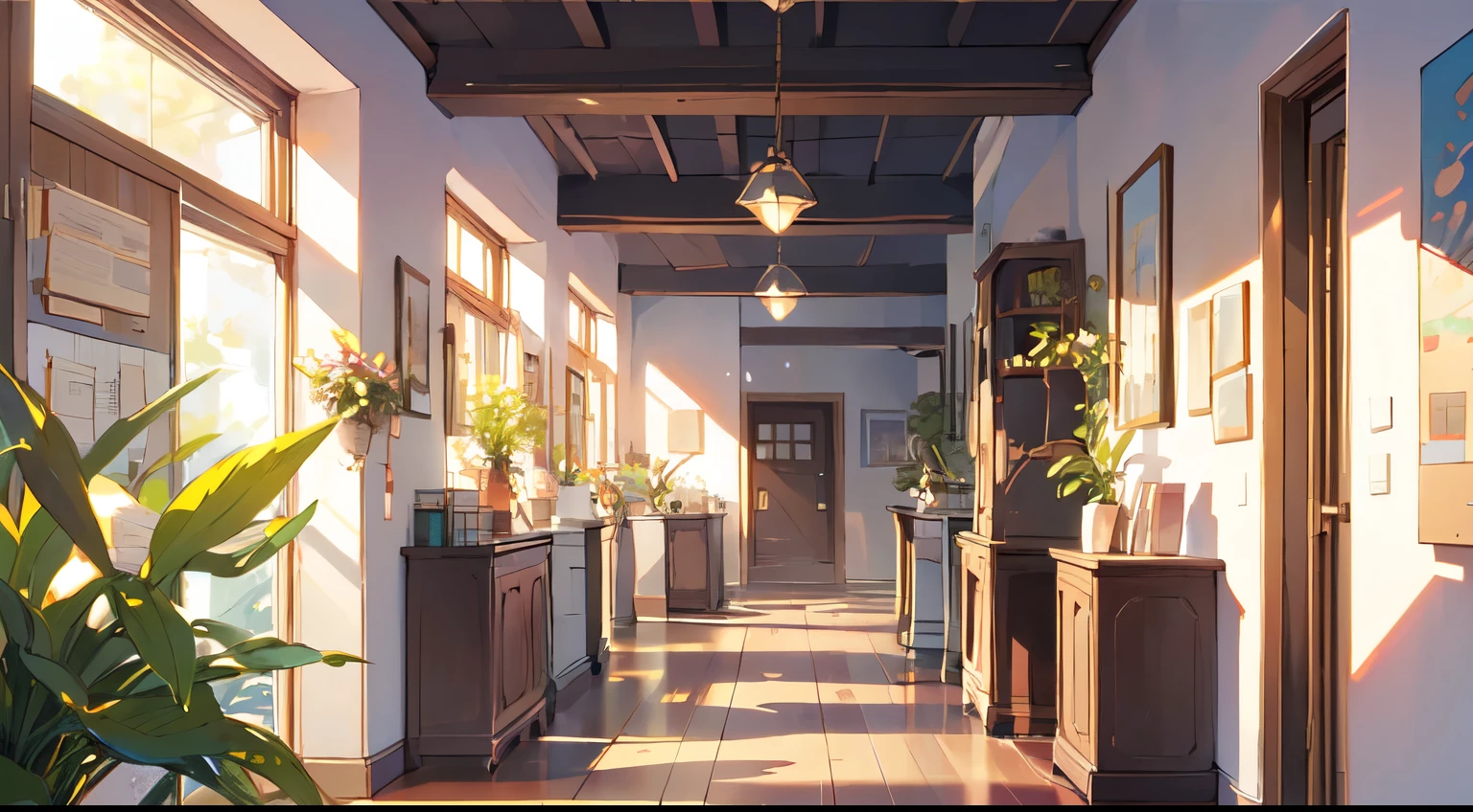 (masterpiece:1.2), best quality,Pixif,Warm animated scenes,cozy anime,indoor，Corridor leading to the door
 
