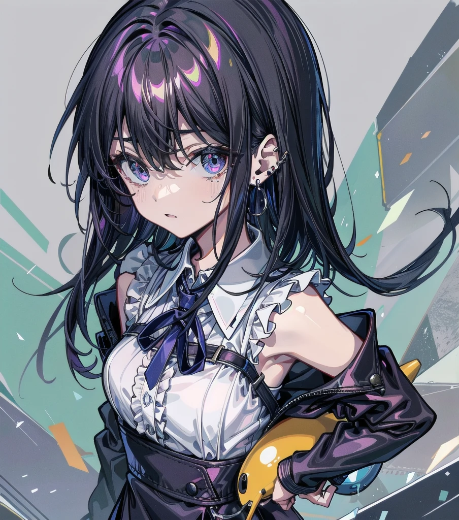 full body, medium hair, medium tits, tearful mole, earring, collared shirt dress,