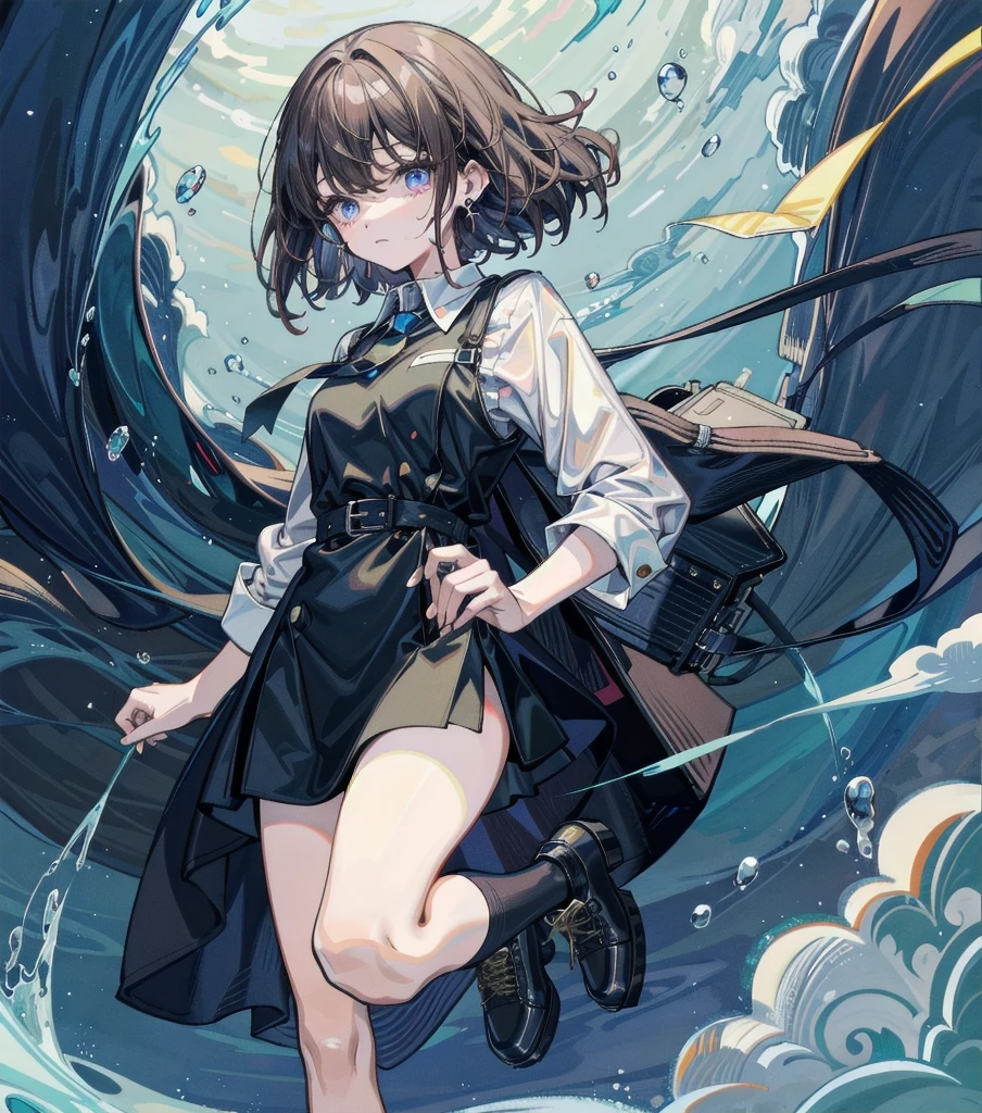 full body, medium hair, medium tits, tearful mole, earring, collared shirt dress,