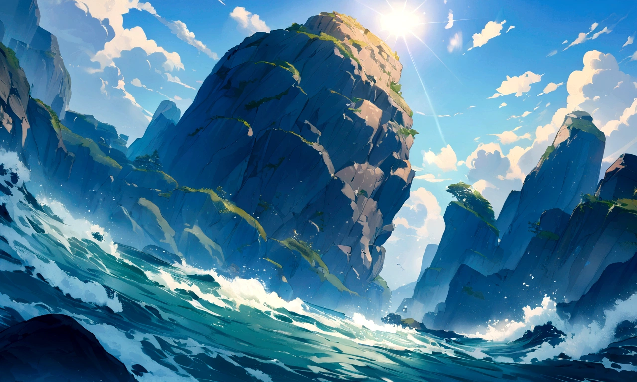 ((((masterpiece, Best Quality, High resolution)))), High detail， manga，anime，Illustrated style，Ghibli Studio，Beautiful sea,blue sea,Glittering sea surface,Blue sky,Rocky area，ビーチのRocky area，nature，Nobody and people, The big rock face and the sky are bright blue、There are only a few white clouds floating, And the sun is shining brightly,