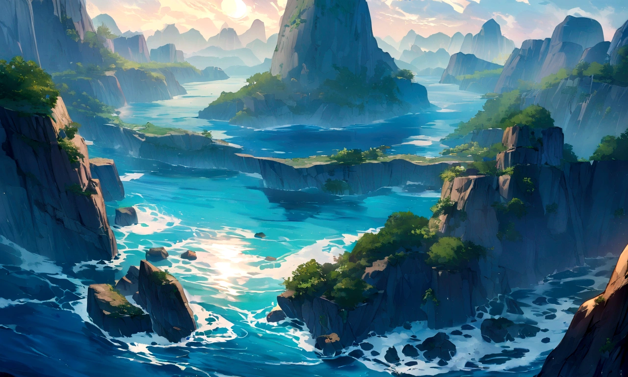 ((((masterpiece, Best Quality, High resolution)))), High detail， manga，anime，Illustrated style，Ghibli Studio，Beautiful sea,blue sea,Glittering sea surface,Blue sky,Rocky area，ビーチのRocky area，nature，Nobody and people, The big rock face and the sky are bright blue、There are only a few white clouds floating, And the sun is shining brightly,