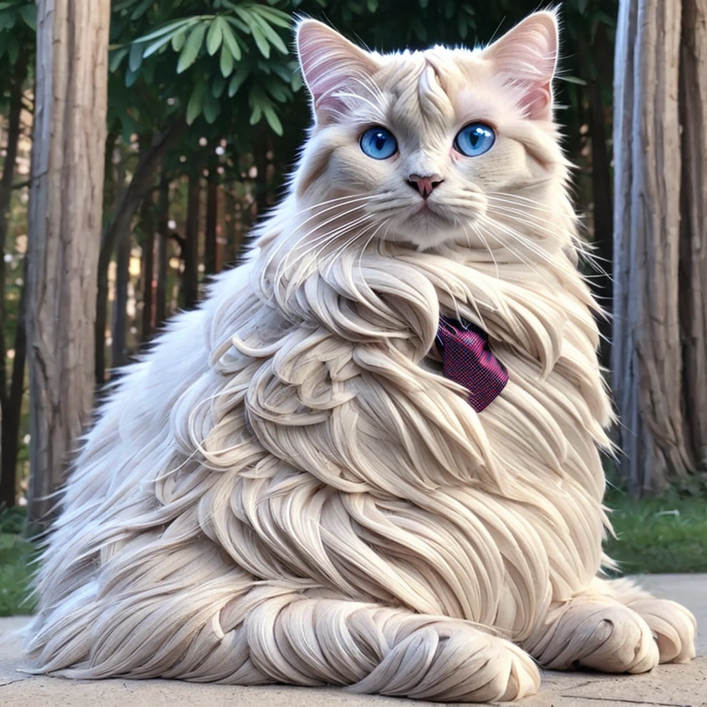 A cute ragdoll cat sits quietly,blue eyes,Look straight ahead,Smile at the corners of your mouth,Wearing a red tie around the neck,Hyperrealism,Natural hair,8K quality