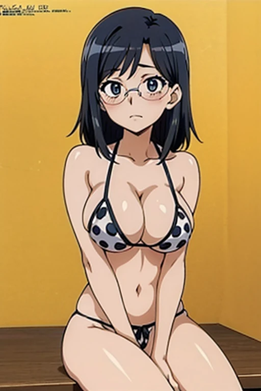 (anime cel style, megami magazine, poster style, best quality, high resolution, sharp image, 8k wallpaper, masterpiece), (beautiful detailed eyes, beautiful detailed face), Konori Mii, glasses, (black hair, medium hair:1.2), blush, (huge breasts), polka dot bikini, (upper body, sitting), simple background, (perfect detailed anatomy, perfect detailed body, perfect arms, perfect fingers, shiny skin)