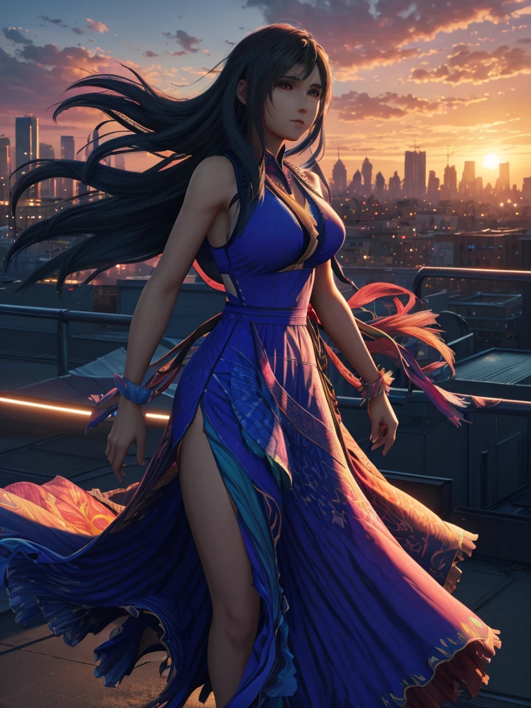 As the sun sets over the city, a woman in a vestido colorido strikes a pose on a rooftop, her dress flowing in the breeze. The vibrant colors of her outfit and the cityscape create a stunning contrast, captured perfectly in this digital fantasy art piece.