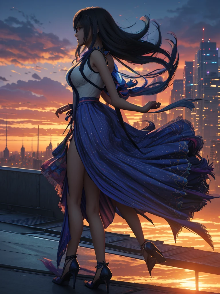 As the sun sets over the city, a woman in a vestido colorido strikes a pose on a rooftop, her dress flowing in the breeze. The vibrant colors of her outfit and the cityscape create a stunning contrast, captured perfectly in this digital fantasy art piece.