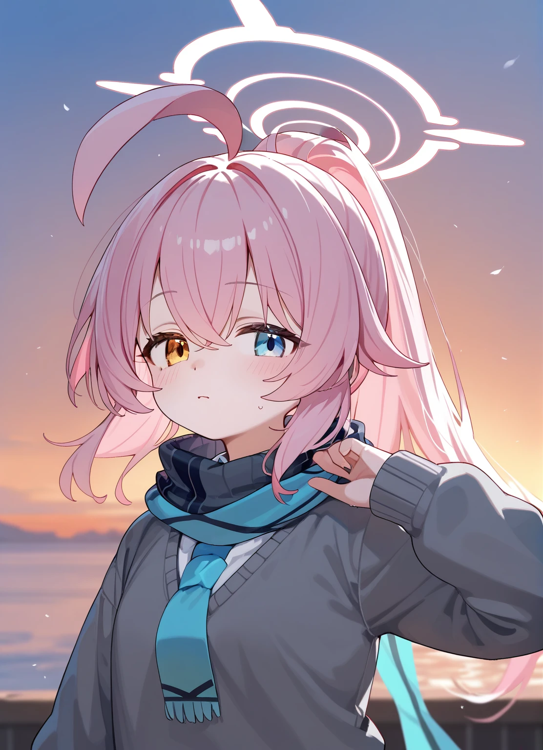 (score_9,score_8_up,score_7_up,),medium hair,heterochromia,ponytail,ahoge,halo,grey sweater,pink hair,(hoshino-ponytail:0.8),(hoshino \(blue archive\):0.8),(blue scarf:1.1),(white shirt,blue necktie:0.9),shoes,beautiful eyes,upper_body,portrait,sunset,outdoors,