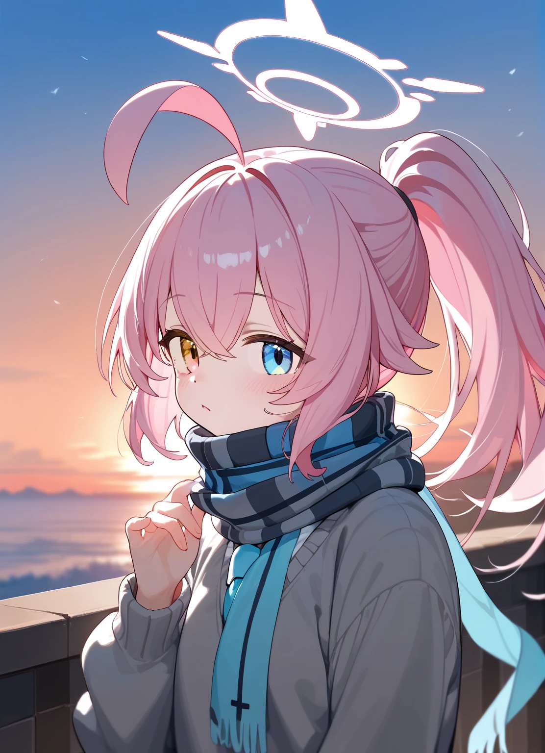 (score_9,score_8_up,score_7_up,),medium hair,heterochromia,ponytail,ahoge,halo,grey sweater,pink hair,(hoshino-ponytail:0.8),(hoshino \(blue archive\):0.8),(blue scarf:1.1),(white shirt,blue necktie:0.9),shoes,beautiful eyes,upper_body,portrait,sunset,outdoors,