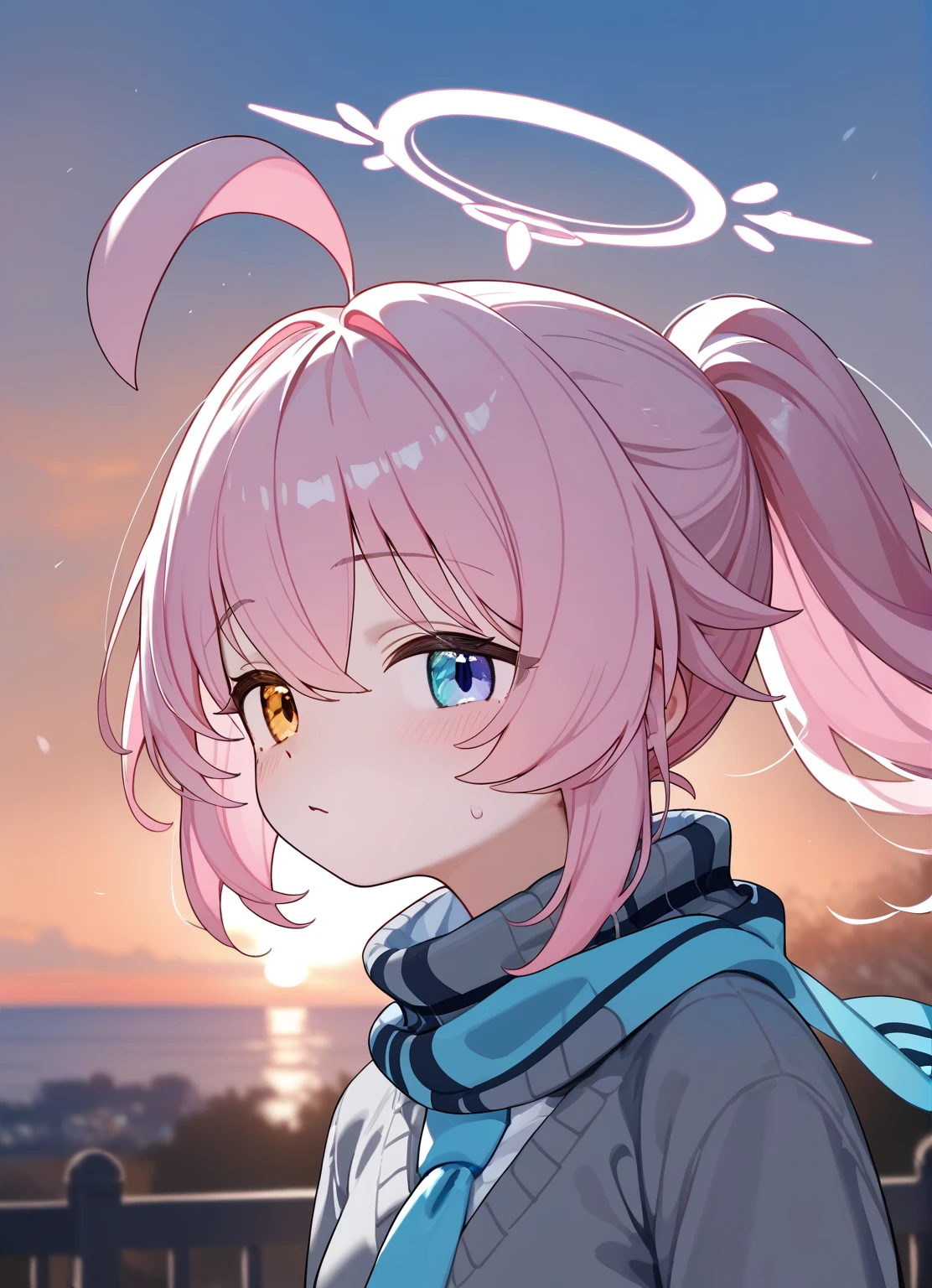 (score_9,score_8_up,score_7_up,),medium hair,heterochromia,ponytail,ahoge,halo,grey sweater,pink hair,(hoshino-ponytail:0.8),(hoshino \(blue archive\):0.8),(blue scarf:1.1),(white shirt,blue necktie:0.9),shoes,beautiful eyes,upper_body,portrait,sunset,outdoors,