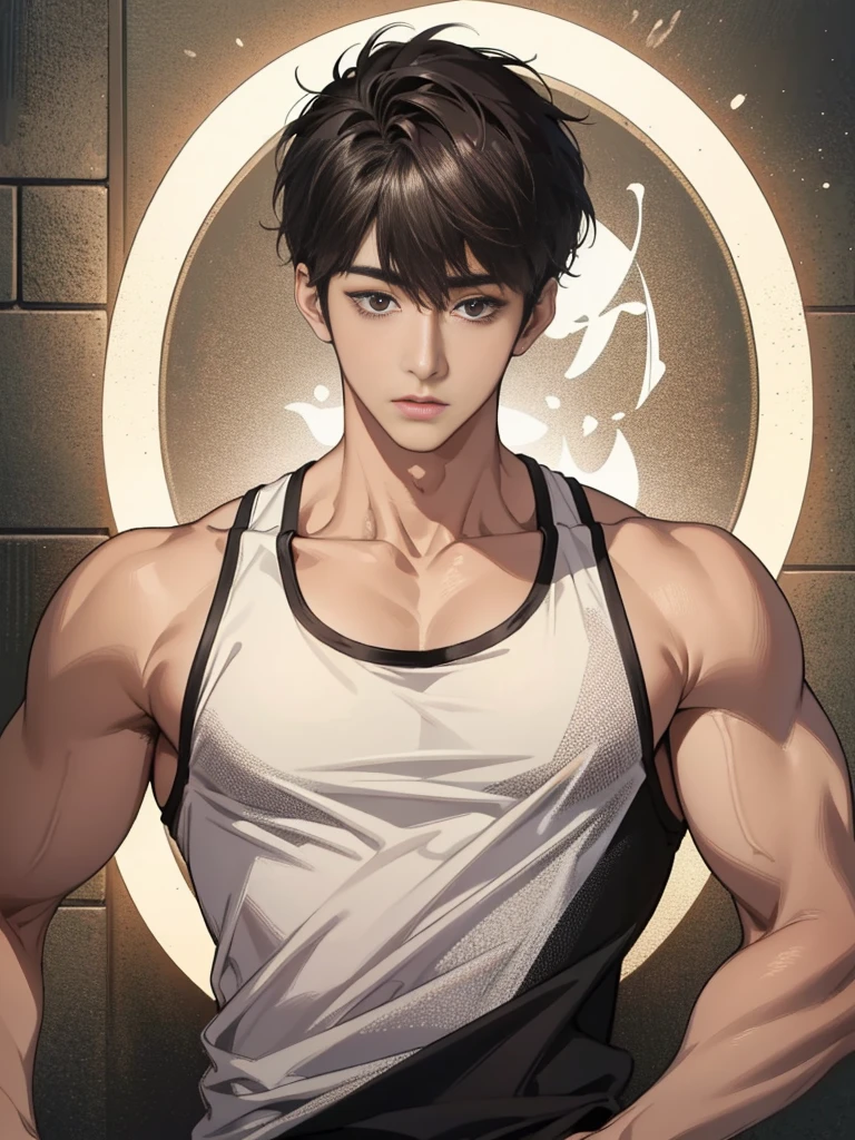  Best quality, High quality, A high resolution, 4K, Masterpiece, detailed face, handsome 29 year old korean man, tank top, he is now at home