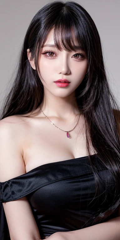 Canon RF 85mmf/1.2,masutepiece,Best Quality,超A high resolution,tu,1 girl,(Korean mixed,Kpop Idol:1.2),Solo,white_shiny_skin,Black eyes,Necklace,brown_long_Wavy_hair,Red lipstick bright_shiny_Lips,Eyelashes,Bangs,deal,make - up,shiny,Pore,skin texture,Bracelet,off shoulders,See-through,Big breasts