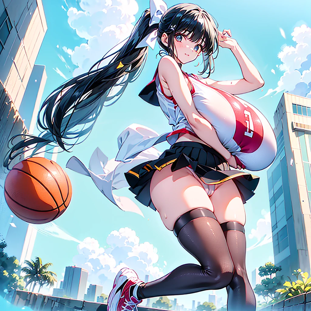 (gigantic breasts), (vulgarity)) ((large areolae)) (1girl), (vulgarity) (in heat) (sweat) (masterpiece) (high resolution)) (gigantic breasts),(1girl) beautiful girl,(cameltoe)(((gigantic breasts))),Basketball player a cartooned woman wearing a basketball jersey is holding a basketball in mid air, breasts, covered nipples, gigantic breasts, basketball, cameltoe, thighhighs, arms up, long hair, black hair, skirt, huge breasts, sportswear, skindentation, 1girl, partially visible vulva, solo focus,1girl, playing basketball, basketball court