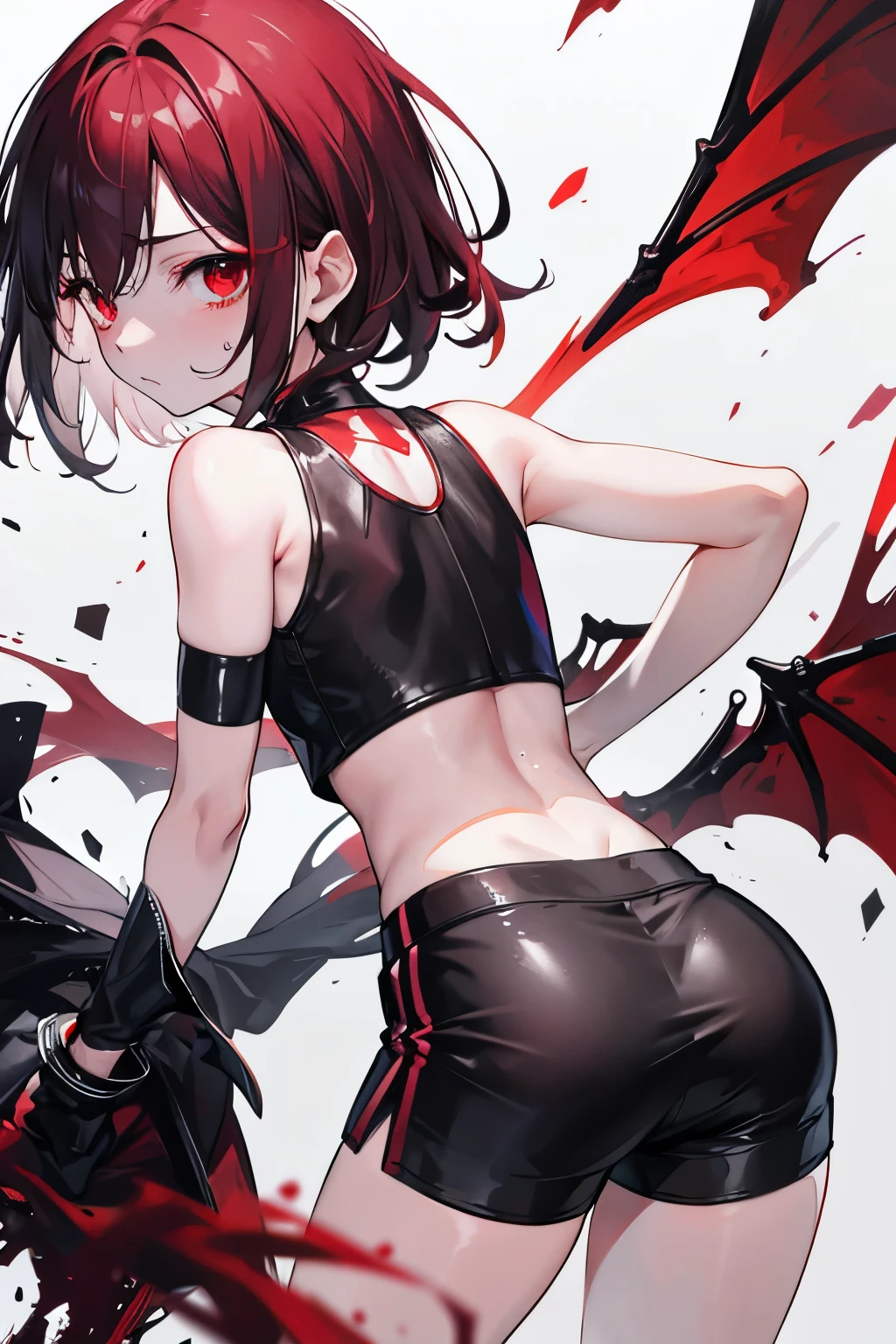 underdressing,indifferent,Red Eyes,Sweat,Soaked,liquid,transparent,Expression of disgust,Back,Cropped tops,Leather Shorts,succubus