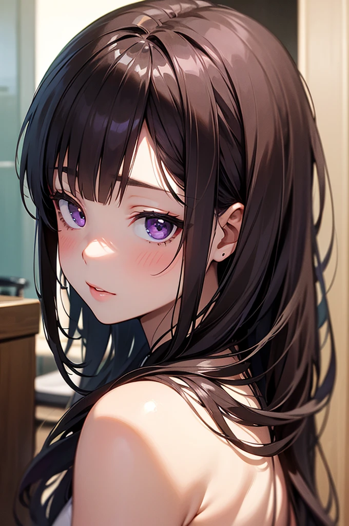 Realism, 1 Girl, Very shiny brown long hair,、Purple eyes、Do not wear anything on your entire body、No clothes、I can't even wear underwear...........、Naked、Boobs fully visible、Nipples fully visible、Vagina in full view、No clothes、No underwear、Full nudity、Big black earrings、Black Choker、Very erotic lewd pose, Big Boobs, Big butt, Narrow waist, Skin gloss, Sweating profusely、My whole body is wet with sweat、Lots of drooling、Mouth wide open、Red face with embarrassment、Looking at this、Heavy breathing、His hands are tied tightly behind his back、It stopped working、Cowgirl、squat、Spread your legs wide、I pee a lot、make me urinate。Expressions of joy and climax、Excessive fluid coming from the breasts、Inside the very dirty men's restroom、
