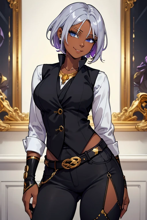 female, silver short hair, blue eyes, dark skin, (((1girl))), (((black waistcoat with gold trim))), (white shirt), (black pants), (black knee high boots with gold trim), (amethyst necklace), (black fingerless gloves), (black belt with gold buckle), cute and sexy, full body, big breasts, long legs, smiling