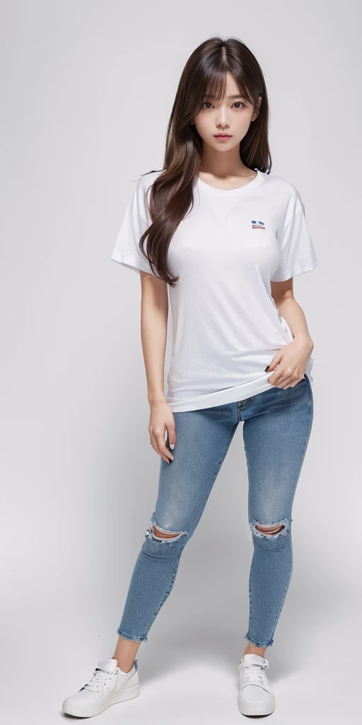 (full body:1.5), 1girl, long hair, ((Wearing a white T-shirt:1.5)), (Small breasts:1.5), Wearing denim pants, Highest quality, figure, Super detailed, Fine details, High resolution, 8k wallpaper, Perfect dynamic composition, Beautiful attention to detail, A woman with a slightly young face, Hori's pale face, Small and cute nose, , cute double, round face, Baby Faceightly apart, Brown hair long, Has bangs, Small breastsと自然な色の唇, smile, Harajuku, 20-year-old girl, 白いTシャツを着てロング丈のWearing denim pants, Brown hair longで胸下まである長さの髪の毛, The shoes worn are sneakers