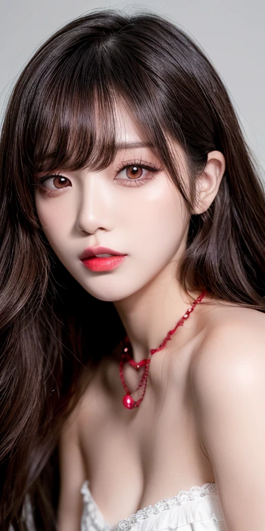 Canon RF 85mmf/1.2,masutepiece,Best Quality,超A high resolution,tu,1 girl,(Korean mixed,Kpop Idol:1.2),Solo,white_shiny_skin,Black eyes,Necklace,brown_long_Wavy_hair,Red lipstick bright_shiny_Lips,Eyelashes,Bangs,deal,make - up,shiny,Pore,skin texture,Bracelet,off shoulders,See-through,Big breasts