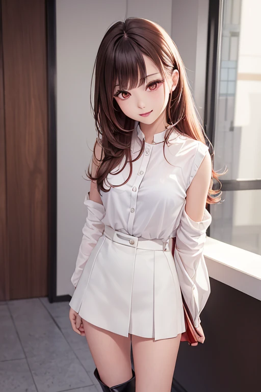 One girl, View Viewer,Red eyeshadow, Brown Hairロングヘアー,Korean beauty style,Feminine fashion female characters,White shirt,Black Mini Skirt,Knee-high boots,smile, Close your mouth,alone,Natural pose,Brown Hair,bracelet,Similar to VIVIZ's UMJI,Korean Style,Korean,かわいいKorean,Natural Makeup,cute,Earrings,Depth of written boundary