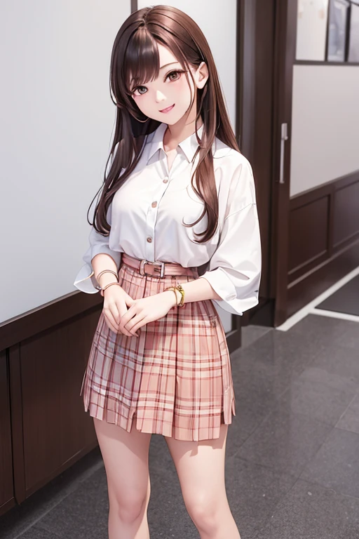 One girl, View Viewer,Red eyeshadow, Brown Hairロングヘアー,Korean beauty style,Feminine fashion female characters,White shirt,Black Mini Skirt,Knee-high boots,smile, Close your mouth,alone,Natural pose,Brown Hair,bracelet,Similar to VIVIZ's UMJI,Korean Style,Korean,かわいいKorean,Natural Makeup,cute,Earrings,Depth of written boundary