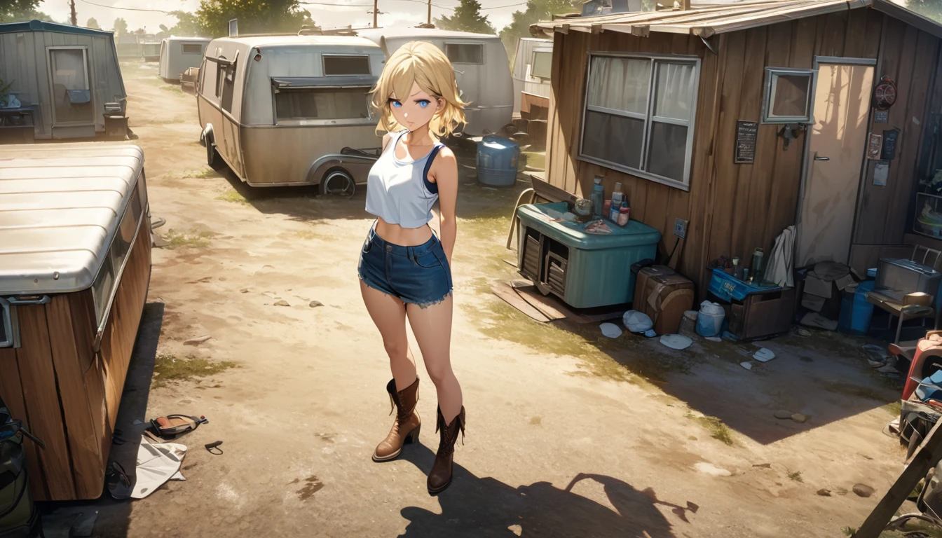 blue eyes, blonde hair, Makeup (Messy), (extremely detailed CG unity 4k wallpaper),(masterpiece),(best quality),(ultra-detailed),(best illustration),(best shadow),(absurdres),(detailed background), Trailer park, Short blonde hair (very Messy), Croptop tank top (filthy), denim short skirt (filthy), Cowgirl boots, standing, poor,