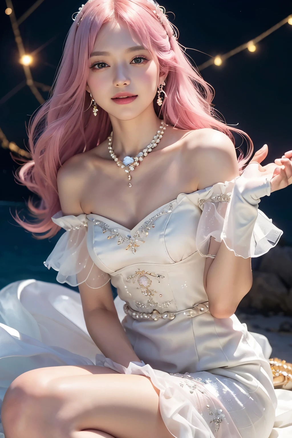  (8K, top-quality, masterpiece:1.2), (reallistic, Photorealsitic:1.37), Super Detail, One girl,), (Highly detailed), (beautifully detailed eyes), (of the highest quality), (super detailed ), (masterpiece), (Detailed face),20yr old, ,1 girl, ((pink hair,long hair)), medium breasts, clothed, Perfect Lighting, BREAK, (elegant white dress:1.5), goddess-like, (long flowing train:1.3), (luxurious silk:1.2), (shimmering satin:1.2), (delicate organza:1.2), (subtle embroidery:1.2), (dazzling pearls:1.2), (sparkling sequins:1.1), (off-the-shoulder corset:1.1), romantic, (slim belt:1.1), (elbow-length gloves:1.1), (delicate crown:1.1), statement earrings, pearl necklace, (stiletto heels:1.1), sheer socks, BREAK, (elegant pose:1.2), ( upper body to thighs:1.1), (long pink hair:1.2), waves, (smile:1.1), (crab constellation:1.3), (mystical night sky:1.4), (soft lighting:1.2), (dramatic contrast:1.2)
