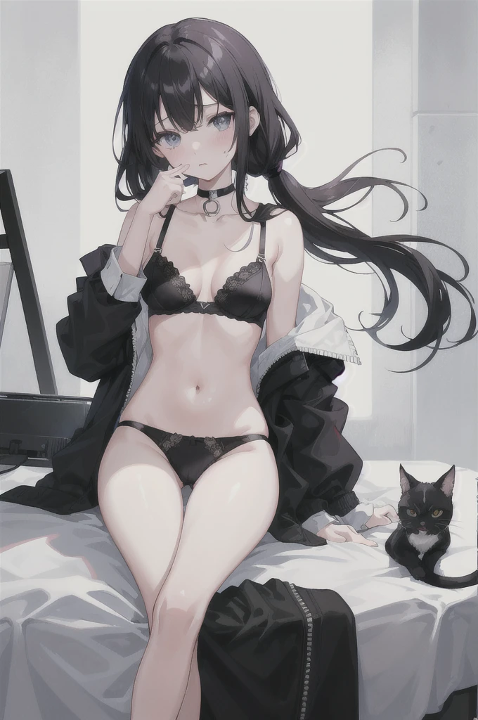 1girl, R15, white bed background, Above the thighs only, black hair, long hair, black solid choker around neck, cat eyes, cat eyes썹, moderate chest, Bra with broken straps, white dress shirt, Black Jacket, Barely Covered Breasts, navel, Place your right hand on your lower abdomen, Cover your mouth with your left hand, Very light blush on upper cheeks, thong panties, Black panties, Important parts barely covered, Nipples barely covered by bra, Barely covered with panties, pants fall down, black pants, mastetpiece