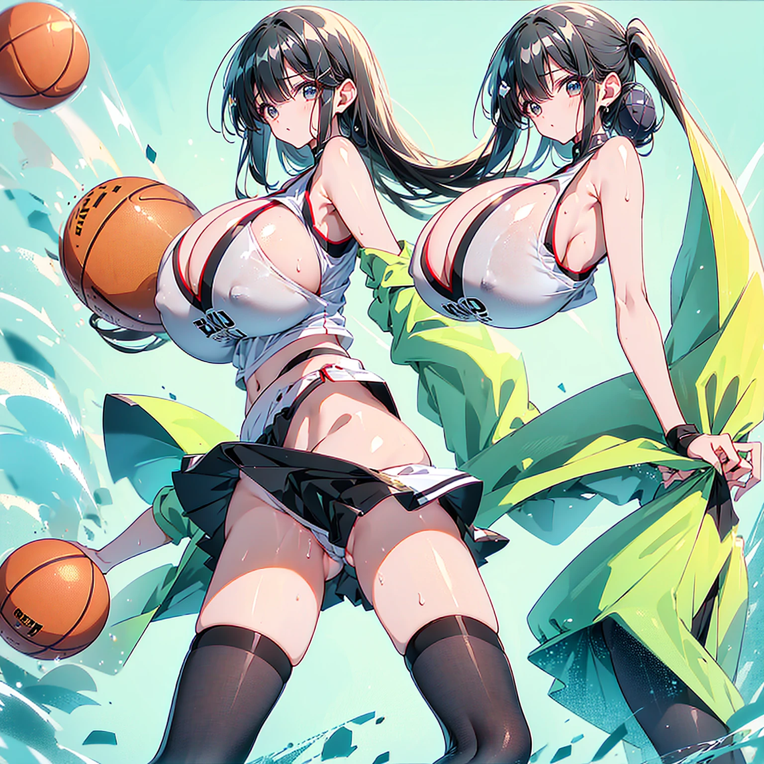 (gigantic breasts), (vulgarity)) ((large areolae)) (1girl), (vulgarity) (in heat) (sweat) (masterpiece) (high resolution)) (gigantic breasts),(1girl) beautiful girl,(cameltoe)(((gigantic breasts))),Basketball player a cartooned woman wearing a basketball jersey is holding a basketball in mid air, breasts, covered nipples, gigantic breasts, basketball, cameltoe, thighhighs, arms up, long hair, black hair, skirt, huge breasts, sportswear, skindentation, 1girl, partially visible vulva, solo focus,1girl, playing basketball, basketball court