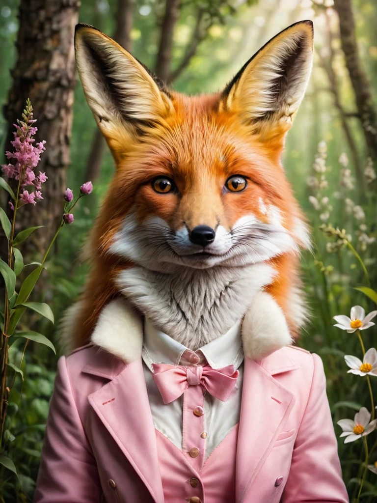 A high-resolution image featuring a realistic of big red (1fox) and little white (1rabbit) in a cheerful and happy setting. The rabbit, with soft white fur and pink-tinted ears, stands upright, its eyes bright and expressive. The fox, with a lush red coat and a bushy tail, sits nearby, displaying a playful demeanor. The scene is set in a softly lit forest clearing, with golden sunlight filtering through the trees, creating shimmering highlights and emphasizing the animals’ fur. The background is detailed with vibrant green foliage, scattered wildflowers, and additional elements like fallen leaves, soft grass, and small bushes, adding richness and natural beauty. A small wooden bridge or moss-covered rock could be included to enhance the scene’s charm. The overall mood is one of natural joy and tranquility, with butterflies fluttering around and small birds hopping nearby. The design style is reminiscent of a fairytale, with harmonious and beautiful natural elements. The high-detail depiction of the animals’ fur and the sharp, realistic presentation of the grass, leaves, and wildflowers create a vivid and lifelike atmosphere.