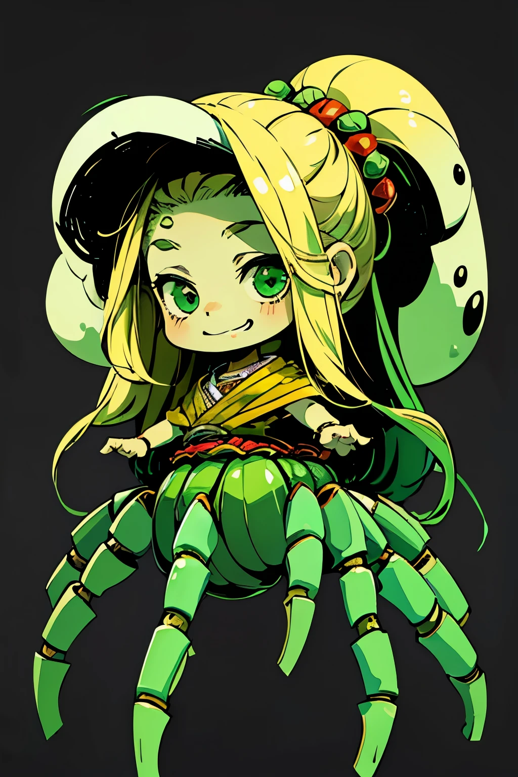 1girl, young, little, 6 years old, chibi, komusume, flat chest, blonde long hair, green clothes, green eyes, innocent expresion, smiling, arachnid style, spider body, background filled fumes, background filled with greek columns, Tartarus scenery, in Tartarus, surrounded by giant greek columns, greek scenery and furniture, detailed background, main character, hades style, Arachne, spider legs coming from her back