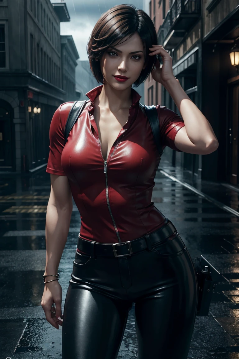 Resident Evil 6,Ada,Short Hair,Red Shirt,Stand up your collar,Black Leather Pants,Photorealistic,Ultra HD,high quality,masterpiece,Digital SLR,Detailed details,Intricate details,Anatomical basis,Depicted in detail,A detailed face,Realistic skin texture,Vivid details,Perfect Anatomy,Perfect Anatomy,Anatomically correct hand,Anatomically correct fingers,Super Detail,Complex 3D rendering,Sexy pose,Rainy Sky,Beautiful scenery,Fantastic rainy sky,Picturesque,Red Lip,smile,