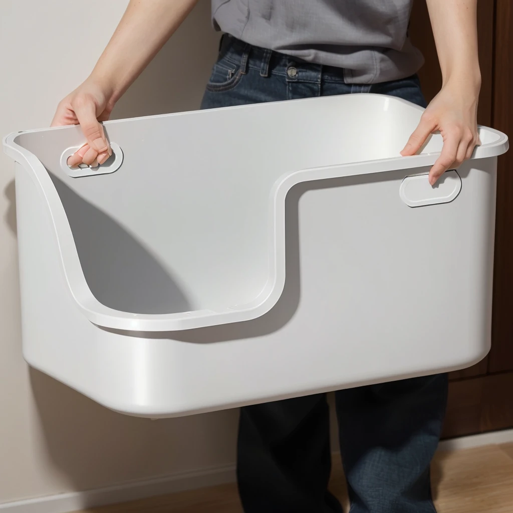 A person holds a gray cat litter box with both hands,High-end,Natural light and shadow,Hyper-realistic scenes,Product Image,High-end,Bottom Angle, Perfect details, Ease of use, Quick assembly, detailed picture, Clarity、Smooth、Clean lines, Full length view. Gray plastic, Clarity的细节, Meticulous attention to detail, Clarity细节, Top angle view, Catalog Photos, Ultra-high detail