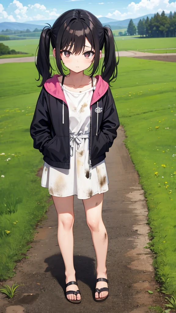 , sandals, countryside, dirt road, black hair in pigtails, emo girl, dirty