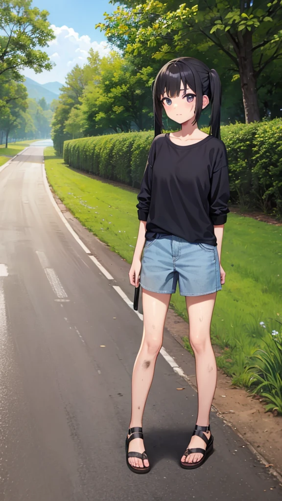 young , sandals, countryside, dirt road, black hair in pigtails, emo girl, dirty