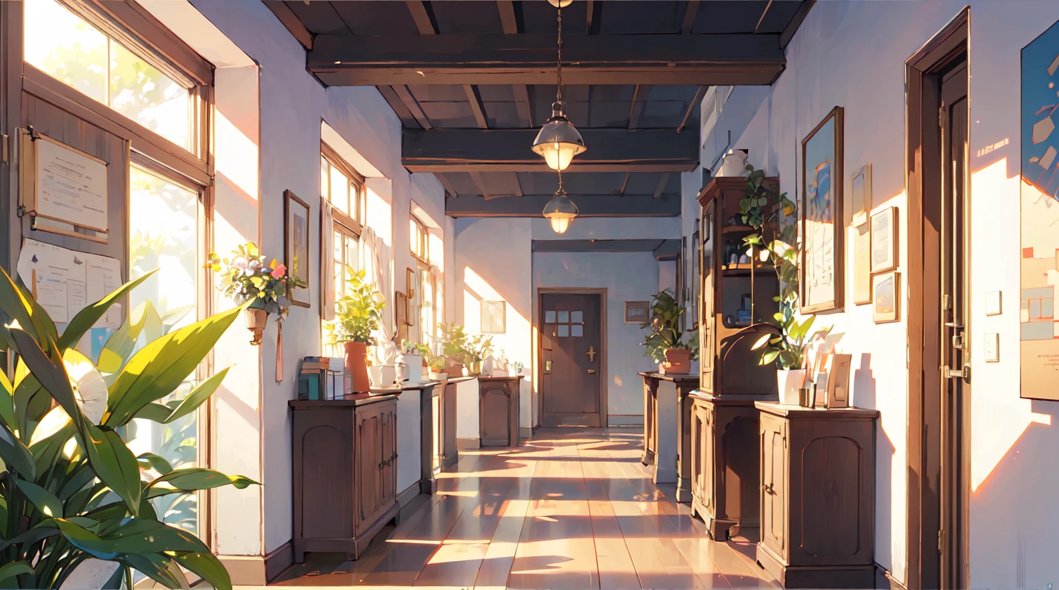 (masterpiece:1.2), best quality,Pixif,Warm animated scenes,cozy anime,indoor,Corridor leading to the door