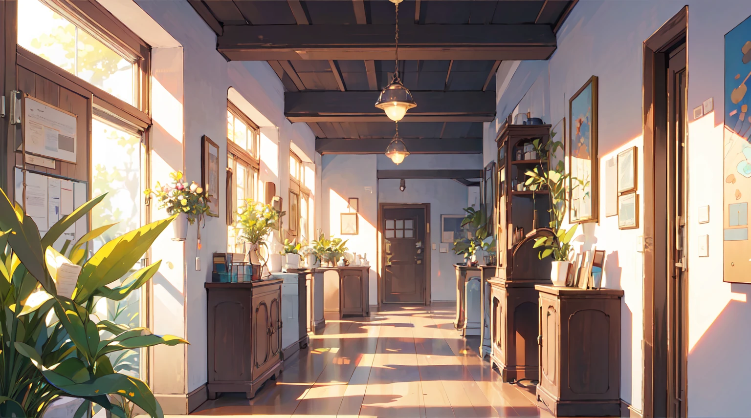 (masterpiece:1.2), best quality,Pixif,Warm animated scenes,cozy anime,indoor，Corridor leading to the door
 