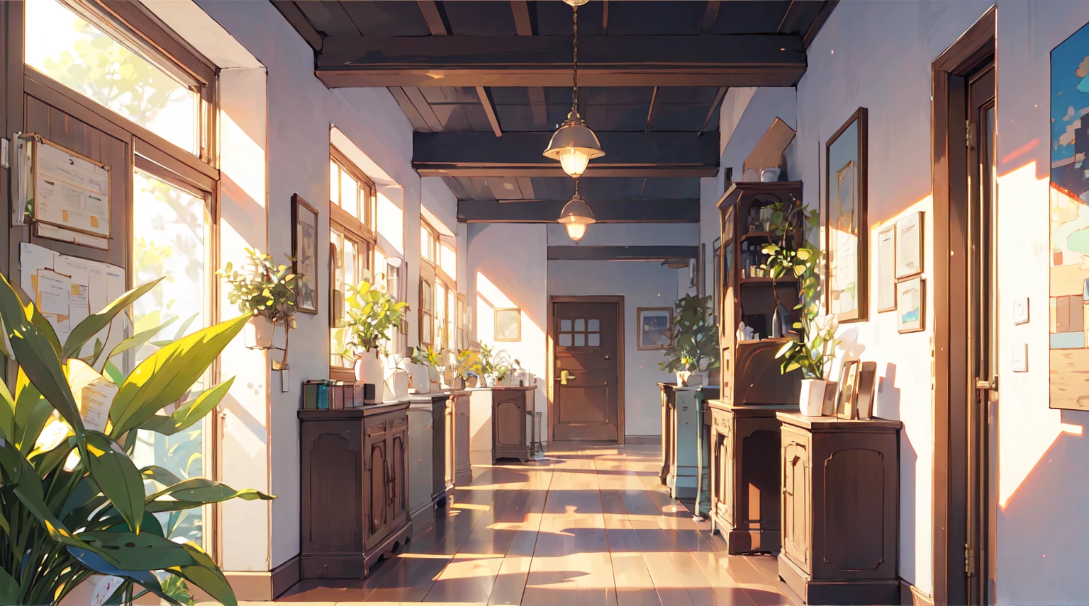 (masterpiece:1.2), best quality,Pixif,Warm animated scenes,cozy anime,indoor，Corridor leading to the door
 