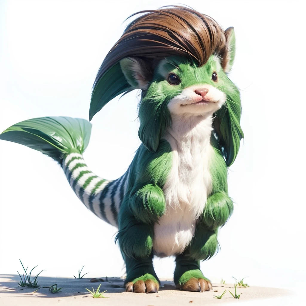 Small Animaly, (tall animal), has greens stripes on his skin, his body is shaped like a mammoth but his face is like a dolphins and a wind, Grassroots background