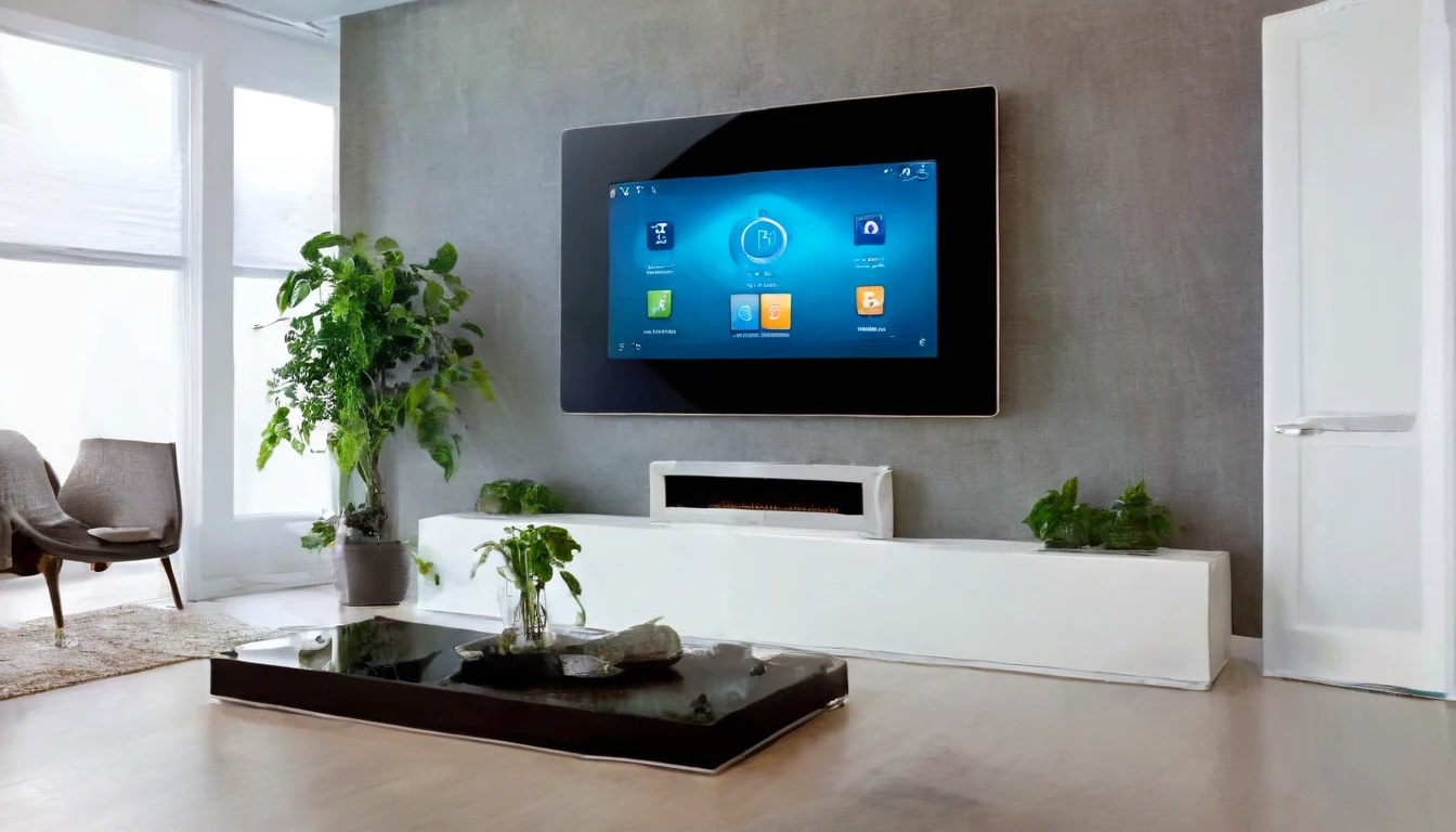 A user interacting with a large, wall-mounted touchscreen in a smart home. The screen displays various controls for home automation, such as lighting, temperature, and security systems. The room has modern furniture, indoor plants, and sleek gadgets seamlessly integrated into the decor. (Elements: Touchscreen, smart home, home automation, modern furniture). (HD focus, HD realistic, 8k image, super details)