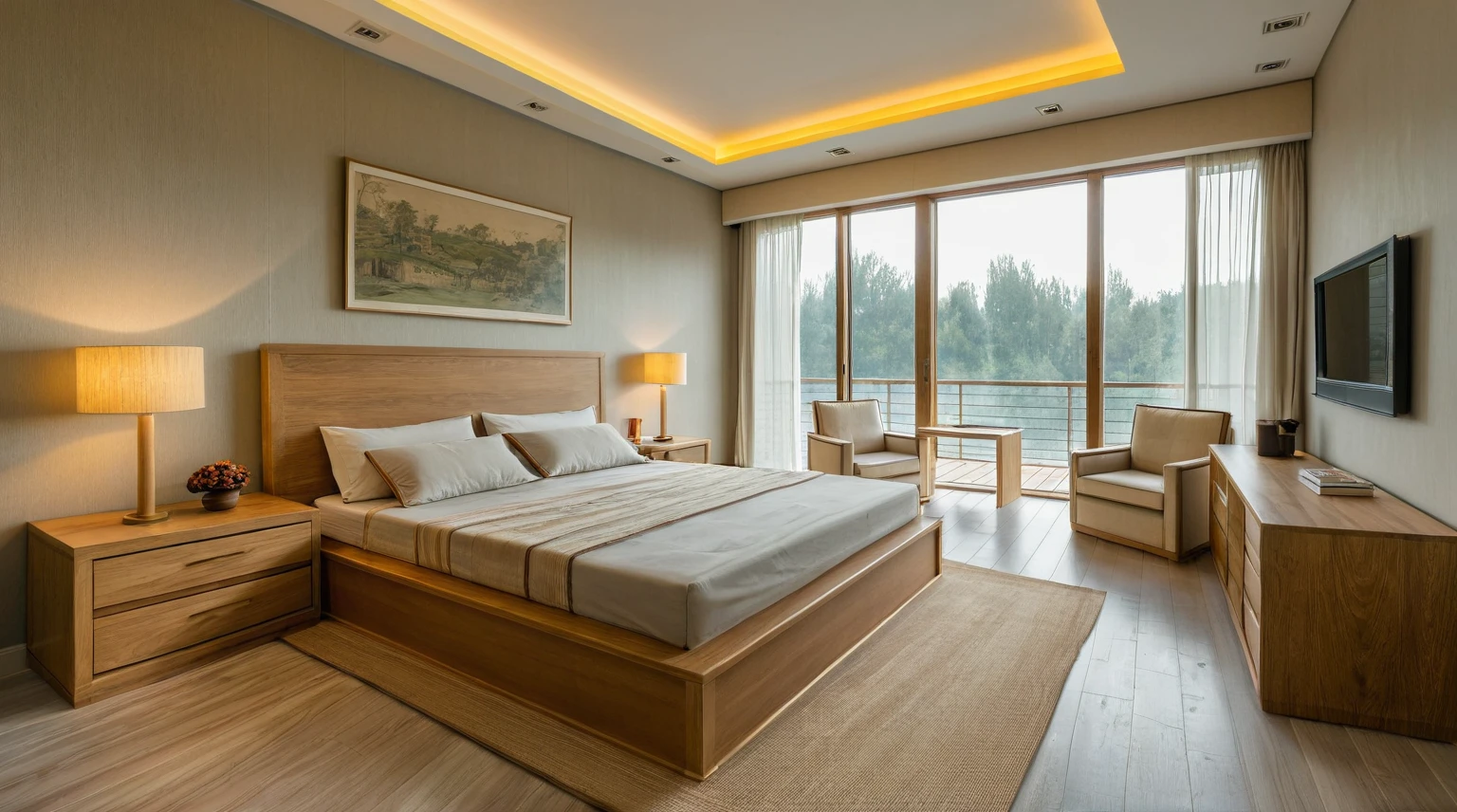 Raw photo,Masterpiece, high quality, best quality, authentic, super detail, soft curves, aiaigroup, wabi sabi, indoors, scenery, bedroom, bed, cabinet, lamp, armchair, windows, curtains, daylight