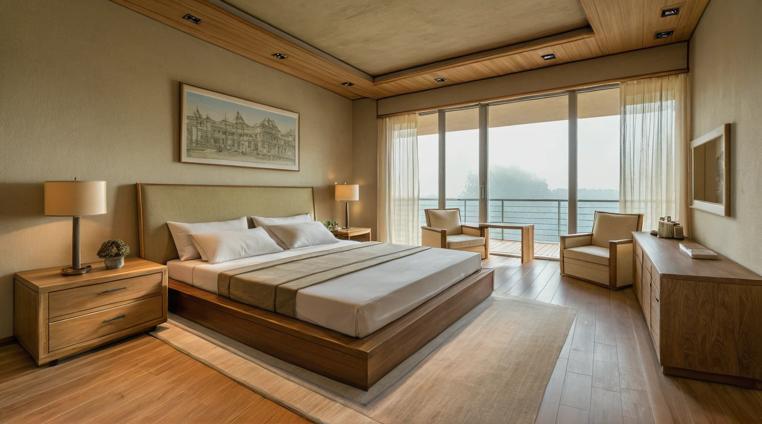 Raw photo,Masterpiece, high quality, best quality, authentic, super detail, soft curves, aiaigroup, wabi sabi, indoors, scenery, bedroom, bed, cabinet, lamp, armchair, windows, curtains, daylight