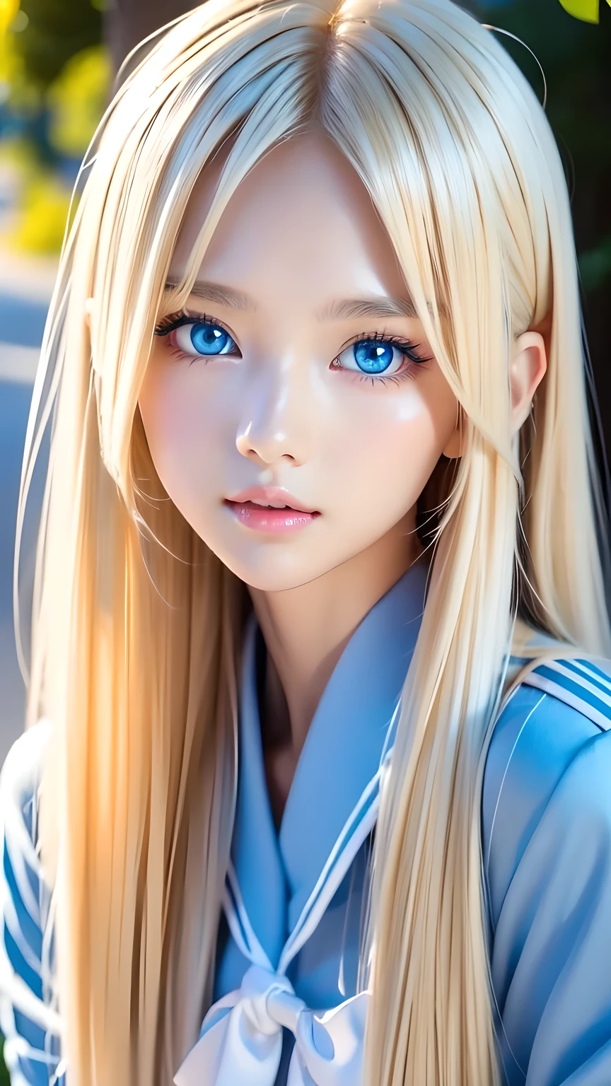 Beautiful girl with a pretty face、beautiful blonde straight super long hair、Half Body Shot、Beautiful long bangs hanging over the face、Very beautiful, bright, pale sky blue eyes、Very big eyes、Blonde hair between the eyes、Round face、Blonde hair above the eyes、片Blonde hair above the eyes、、Sailor suit、Very white and young skin、Cheek gloss、Cheek highlighter、Small Face Beauty