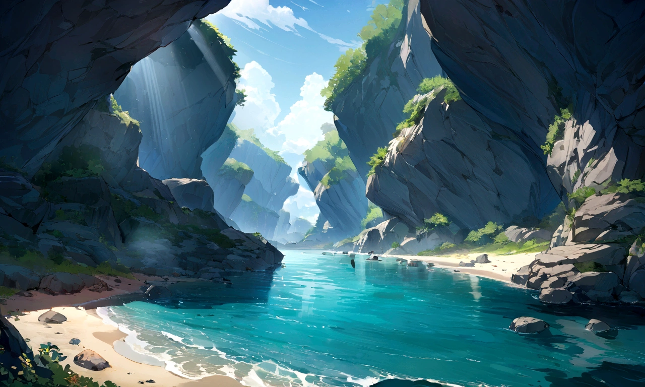 ((((masterpiece, Best Quality, High resolution)))), High detail， manga，anime，Illustrated style，Ghibli Studio，Beautiful sea,blue sea,Glittering sea surface,Blue sky,Rocky area，ビーチのRocky area，nature，Seaside cave, Bright sunlight in the daytime, Nobody and people, The big rock face and the sky are bright blue、There are only a few white clouds floating, And the sun is shining brightly,