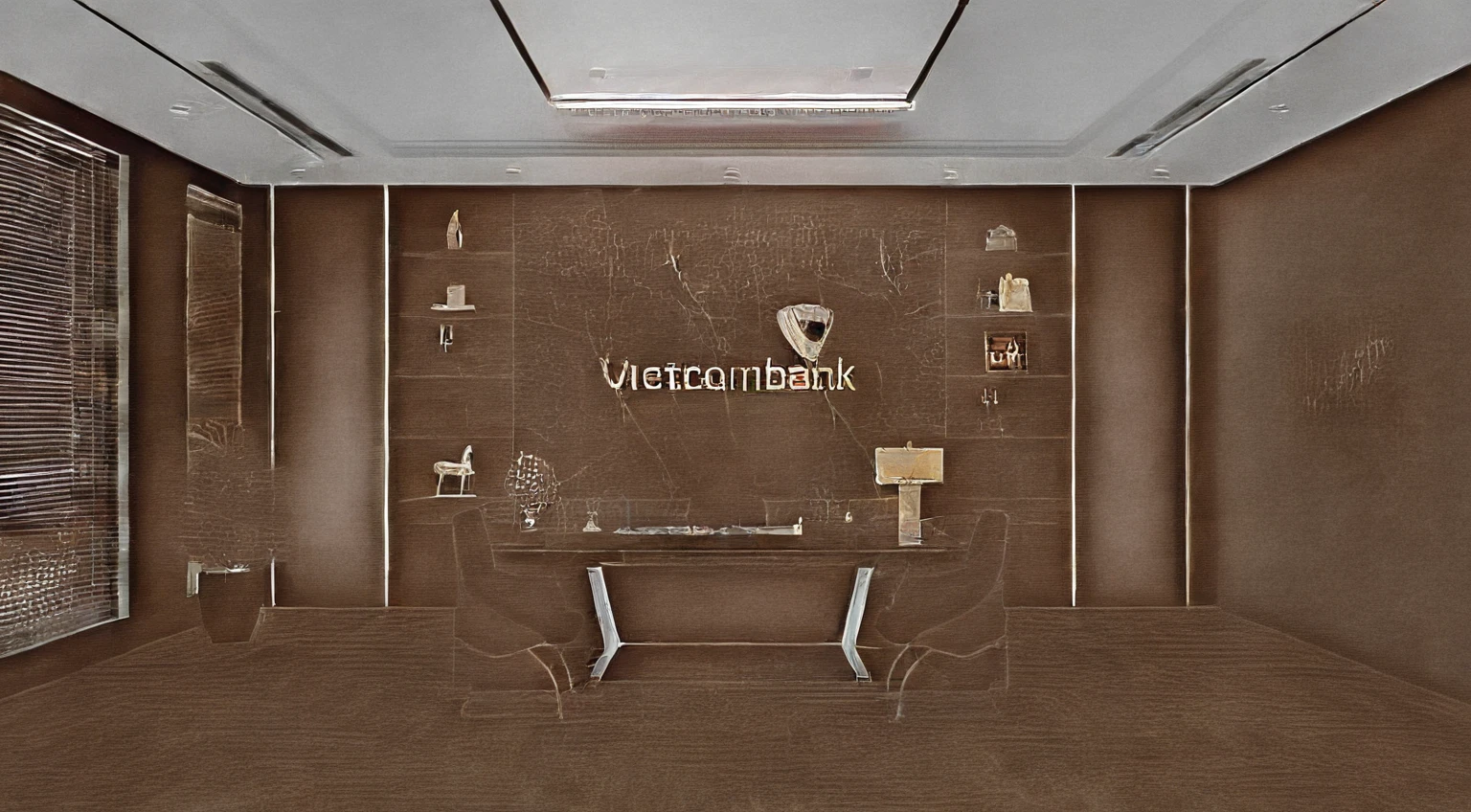 An opulent CEO office designed with premium materials, illuminated by bright daylight. The spacious desk sits prominently, with a beautifully decorated wall of filing cabinets behind it. The room reflects a modern, luxurious ambiance, ideal for a high-powered executive