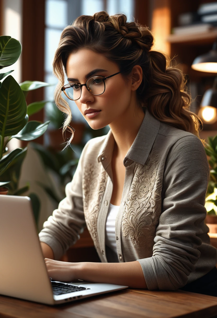 a young woman working on a laptop, home office setting, intricate details, photorealistic, cinematic lighting, natural colors, warm tones, detailed face, elegant hairstyle, casual outfit, focused expression, cozy atmosphere, clean desk, potted plants, warm wooden furniture, soft shadows, natural lighting, high quality, 8k, ultra-detailed, masterpiece
