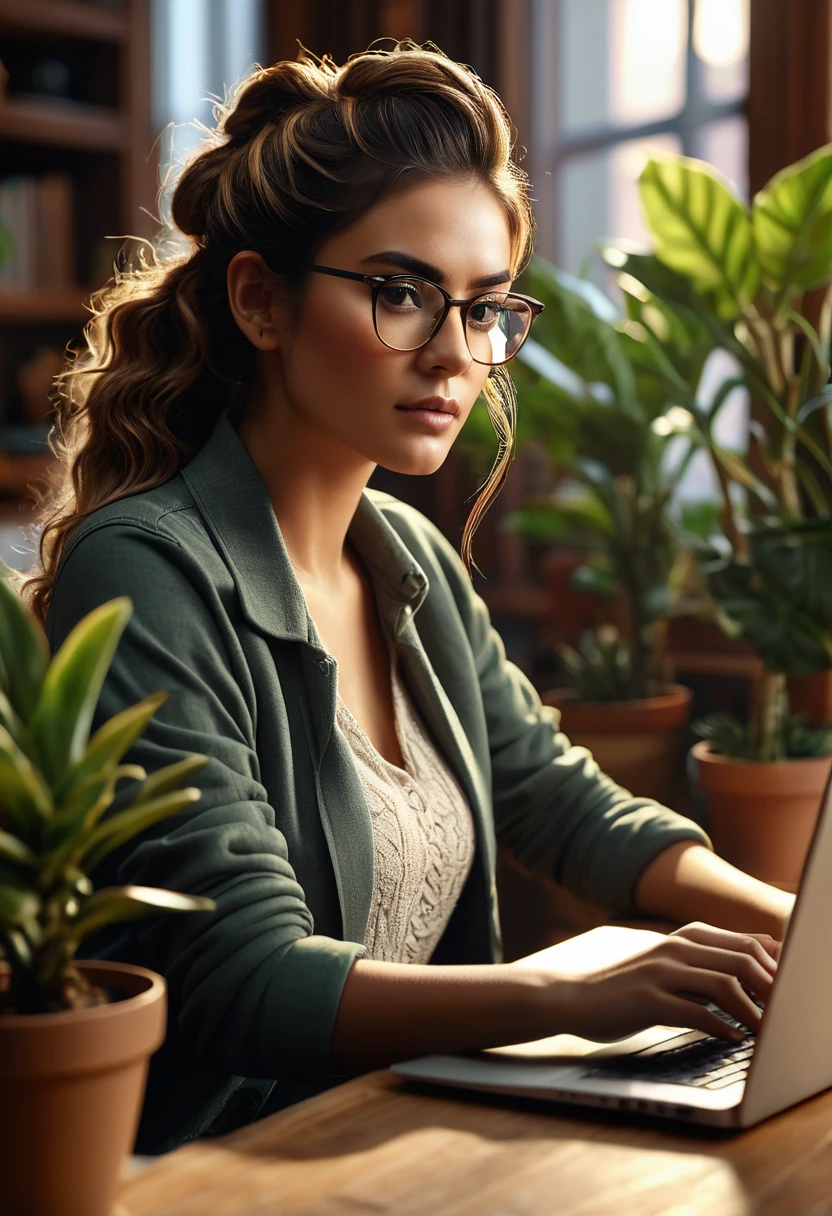a young woman working on a laptop, home office setting, intricate details, photorealistic, cinematic lighting, natural colors, warm tones, detailed face, elegant hairstyle, casual outfit, focused expression, cozy atmosphere, clean desk, potted plants, warm wooden furniture, soft shadows, natural lighting, high quality, 8k, ultra-detailed, masterpiece