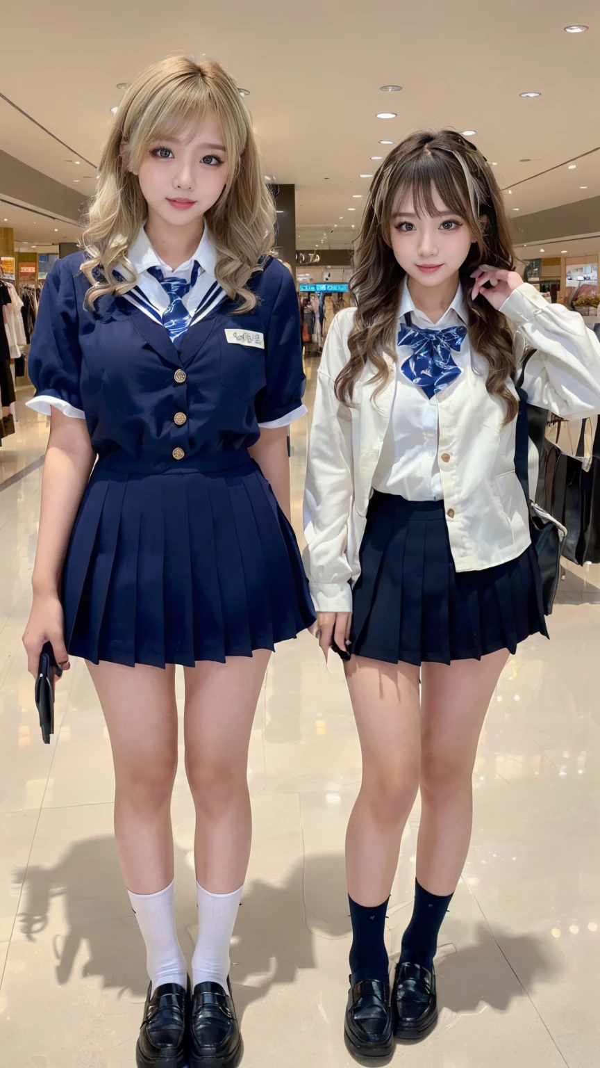 (scene; (2 people:1.8)), Gal, (女子高校生2 people), (Shopping mall, Shopping Street, street, Outdoor), (こちらを向いてAre standing, Full body portrait, Photograph the whole body, Full-body image, Are standing, With legs spread, Doing sexy poses), (tall, Thin thighs, Long, slender limbs, Small waist), ((Highly detailed skin), Beautiful realistic face, White skin, Pointed Chest, Perfect Anatomy, Realistic eyes, Natural Eyes, Brown eyes, Accurate eye focus, Accurate limbs), (Hyper Realist, Ultra-realistic, 4k, Attention to detail, Ultra-high resolution, Highest quality, masterpiece, Presence, dynamic, Uplifting, bold, Sharpness), (Huge breasts:1.5, Cleavage:1.5), (Blonde long hair:1.5, Wavy long hair:1.5, Curly Hair:1.5), (sleek bangs), (Twin tail hair), (White collared shirt, Pleated mini skirt, Navy colored socks, Black loafers, Ribbon tie), High school girl in uniform, Surreal high school girl, tall, High school girls in uniform, smile, Cleavageを強調, Sexy panties are visible, (Are standing女子高校生が2 people:1.8),