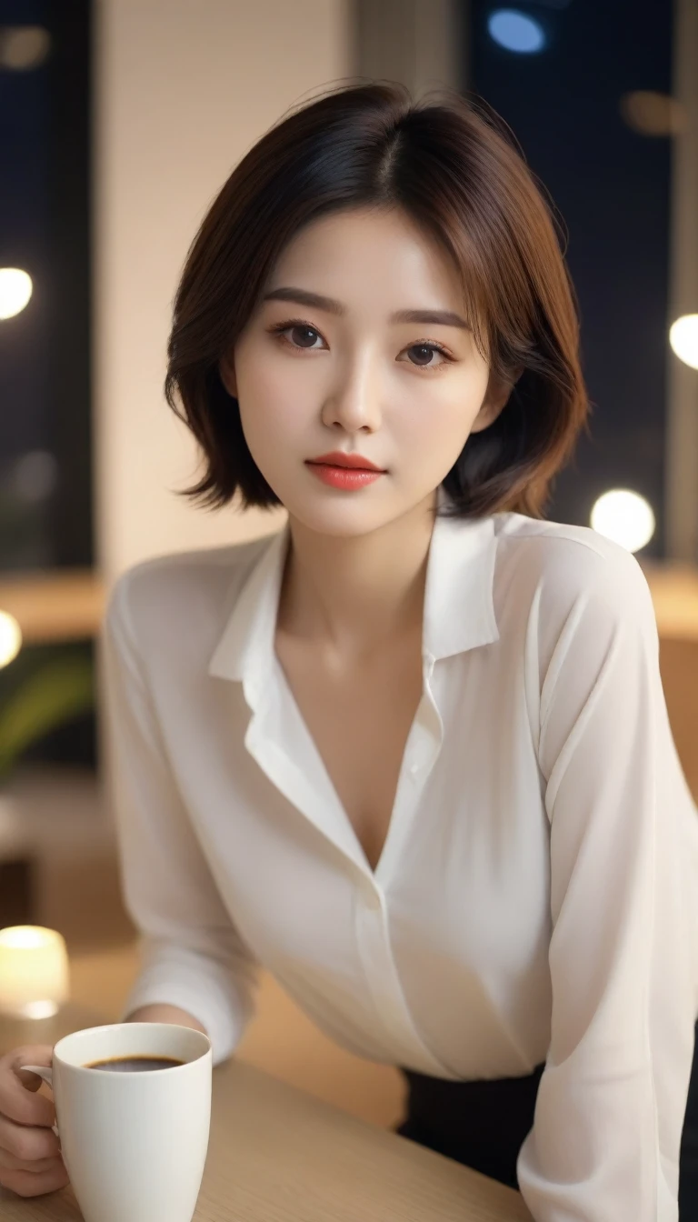 Close-up of a beautiful Korean woman, 29" chest, Wearing a long-sleeved shirt, skirt, elegant expression, Look directly into the camera, Place a cup of coffee in the apartment, Bokeh background, night, Short hair front view, Ultra HD