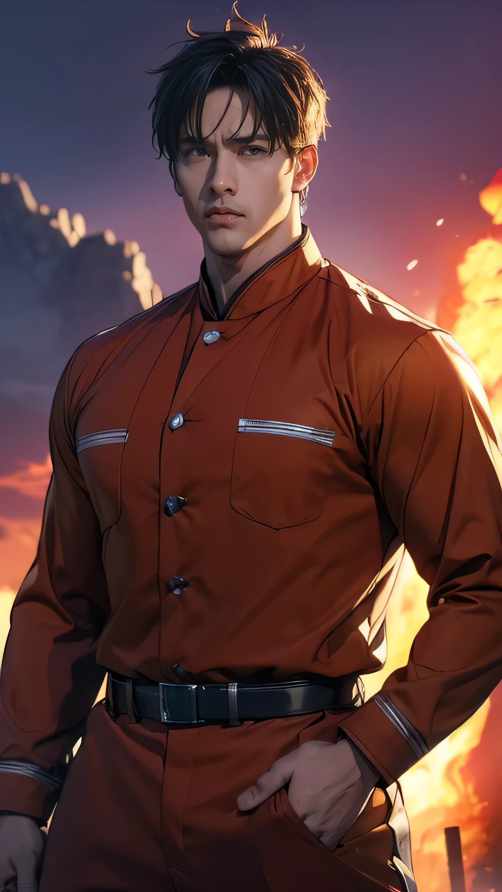 (masterpiece, highest quality, 8k, super detailed, high resolution, anime style, absolutely), (alone:1.5), handsome anime boy, firefighter uniform, intense gaze, determined expression, muscular build, dramatic lighting, cinematic composition, vibrant colors