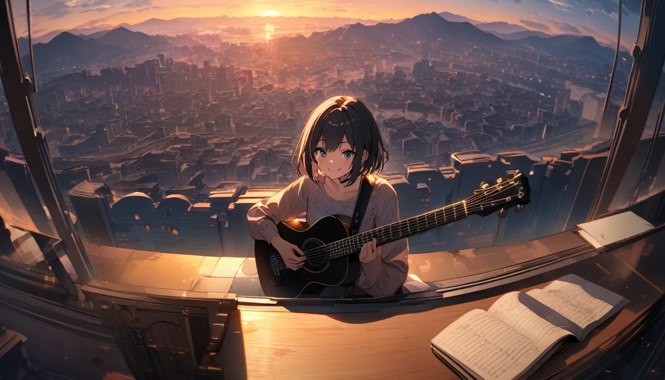 table top, highest quality,shape, wallpaper, ultra detail, absurd, 22 year old girl, alone, (medium short hair、play the guitar、smile、Overlooking the city from the top of the hill、the sunset is beautiful